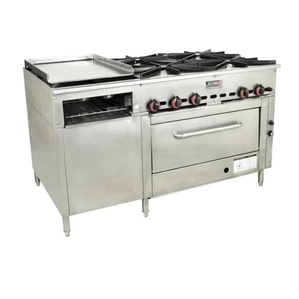Estufa industrial con fogones y horno de acero inoxidable.