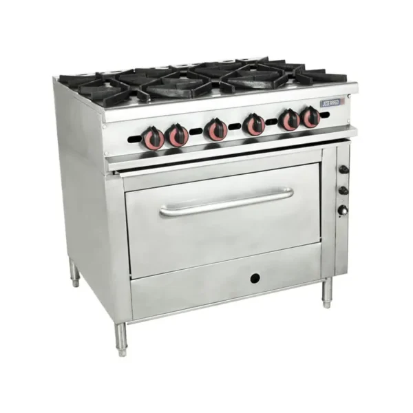 Estufa industrial de acero inoxidable con horno integrada.