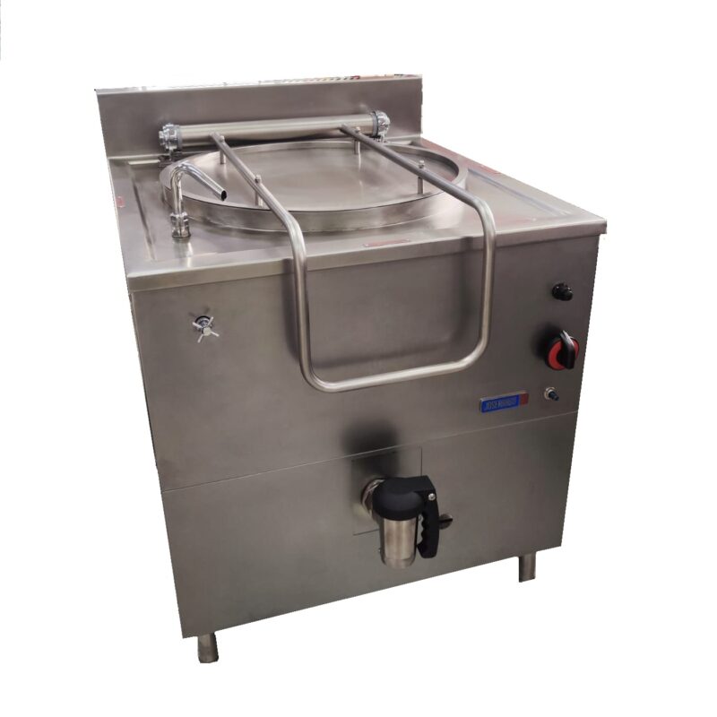 Marmita industrial de acero inoxidable para cocina comercial.