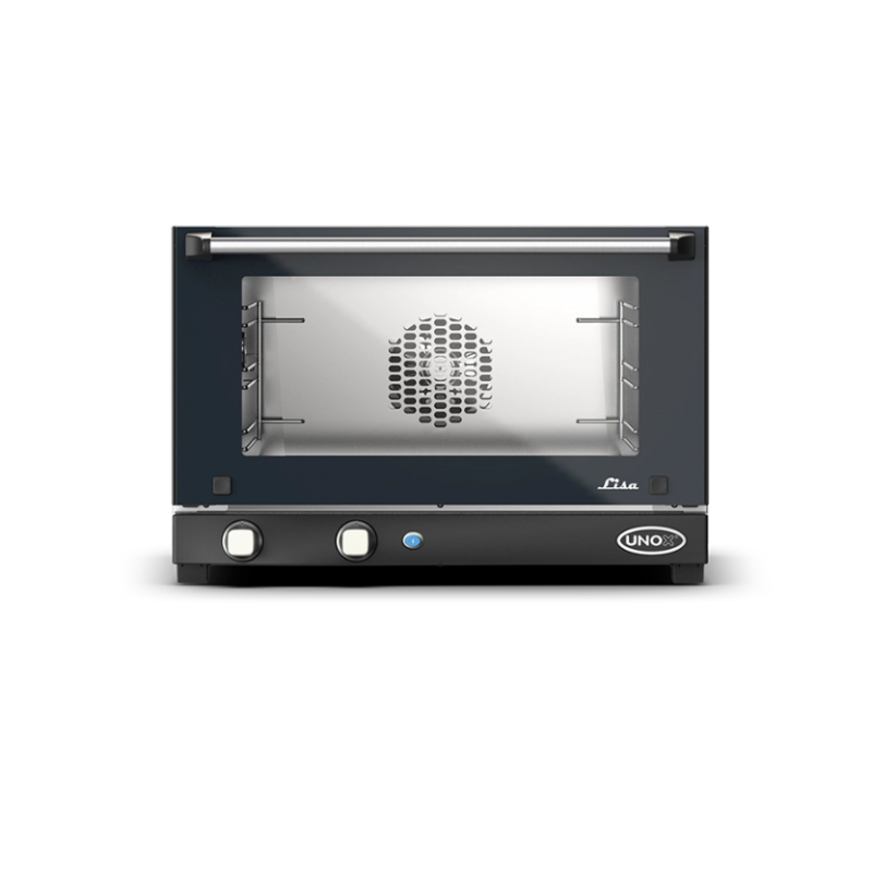 Horno de convección eléctrico Unox M-LISA XAF013 Horno eléctrico negro con ventilador interior visible.