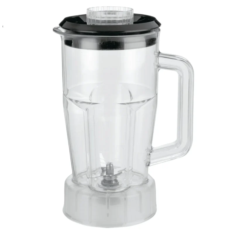 Jarra de licuadora de plástico transparente con tapa.